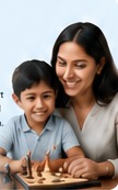 Parent supporting a child learning chess